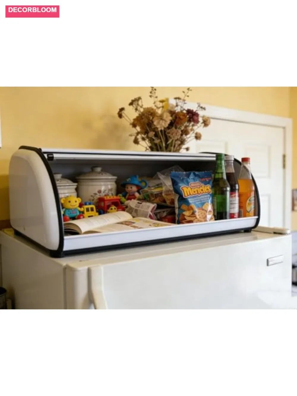 Large Metal Roll Top Bread Box, White Finish, Farmhouse Kitchen Storage